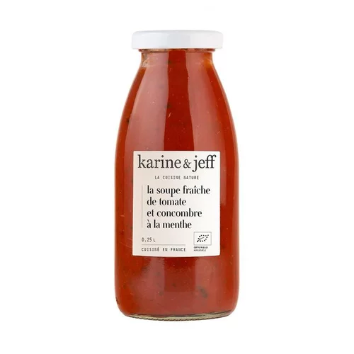 Une solution adaptée au jardin：La Soupe fraîche tomate et concombre à la menthe bio Le bonheur est dans le pot - 25 cl