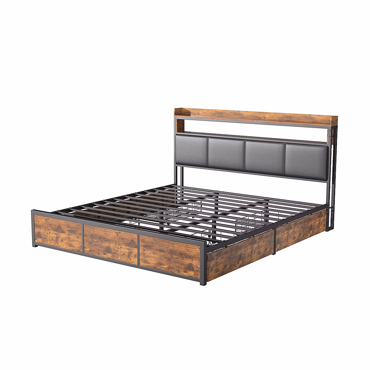 Cadre De Lit Double Marron Vintage Avec 4 Tiroirs – Cadre De Lit En Métal Éclairé Par LED, 180 × 200