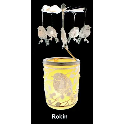Essentiel extérieur：Carrousel photophore en métal argenté avec oiseaux - H 12 cm