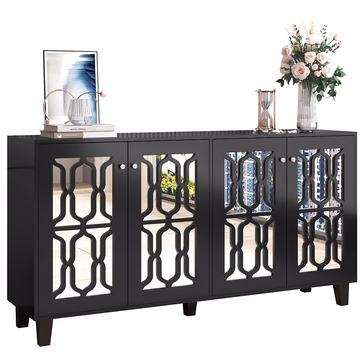 Buffet Noir En Miroir Avec Poignées En Cristal – Quatre Portes, Étagères Amovibles, 160 Cm