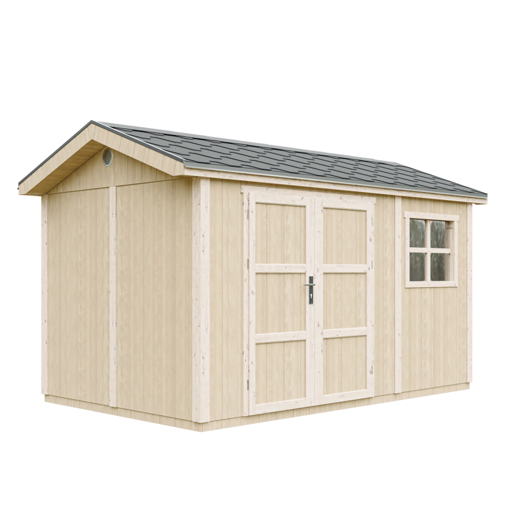 TIMBELA Abri de Jardin Qualité Premium 8,68 m² H252x250x412cm Avec un sol et des bardeaux bitumineux M914A – Aménagement du jardin