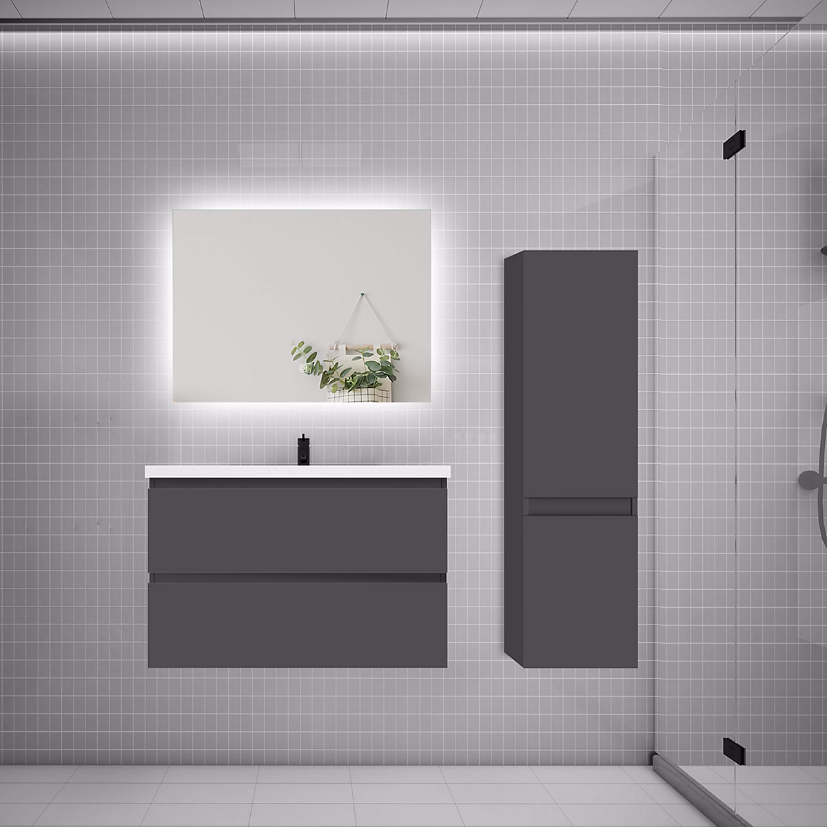 Ensemble meuble de salle de bains – Ensemble meuble de salle de bain et lavabo anthracite (L.80cm) 2 tiroirs + meuble haut + lavabo + miroir LED