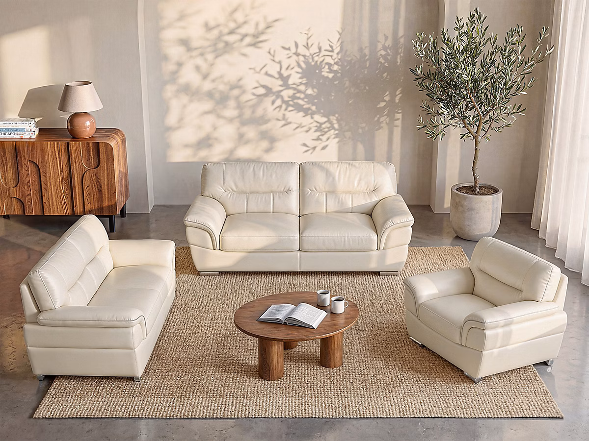 Canapés 3 places 2 places et un fauteuil en cuir THIBAULT – Ivoire