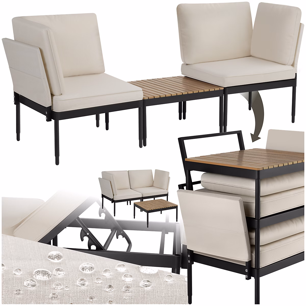 Ensemble de salon de jardin en aluminium Fonction 5 en 1 – dossier réglable en 5 positions, rembourrage épais anthracite/gris