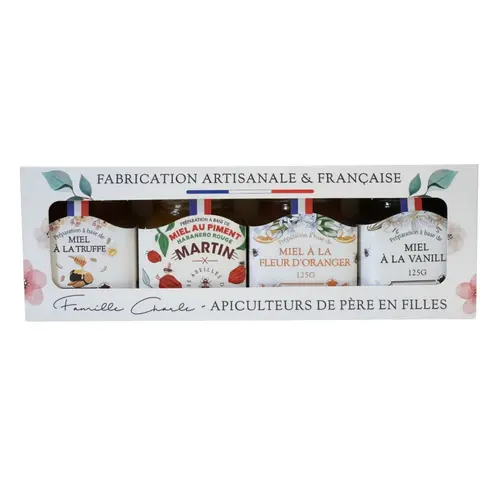 Solution extérieur:Coffret de 4 miels truffe, piment, vanille et fleur d’oranger Abeilles de Malescot - 4 x 125 g