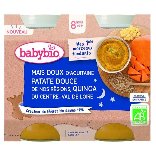 Pour faciliter la vie dehors:Petits pots pour bébé dès 8 mois maïs, patate douce et quinoa avec des morceaux Babybio Bonne nuit Mes 1ers morceaux fondants – 2 x 200 g