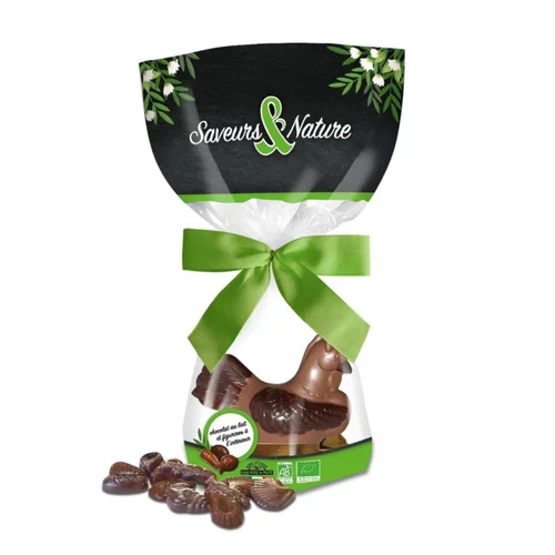 Idée au jardin:Poule de Pâques en chocolat au lait garnie de fritures bio - 130 g