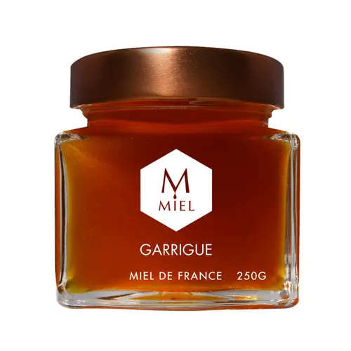 Durable au jardin：Miel de garrigue dans un pot en verre Hexagone - 250 g