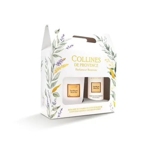 Pour tous jardins:Coffret bougie et parfum intérieur senteur thé blanc Collines de Provence - 180 g + 100 ml