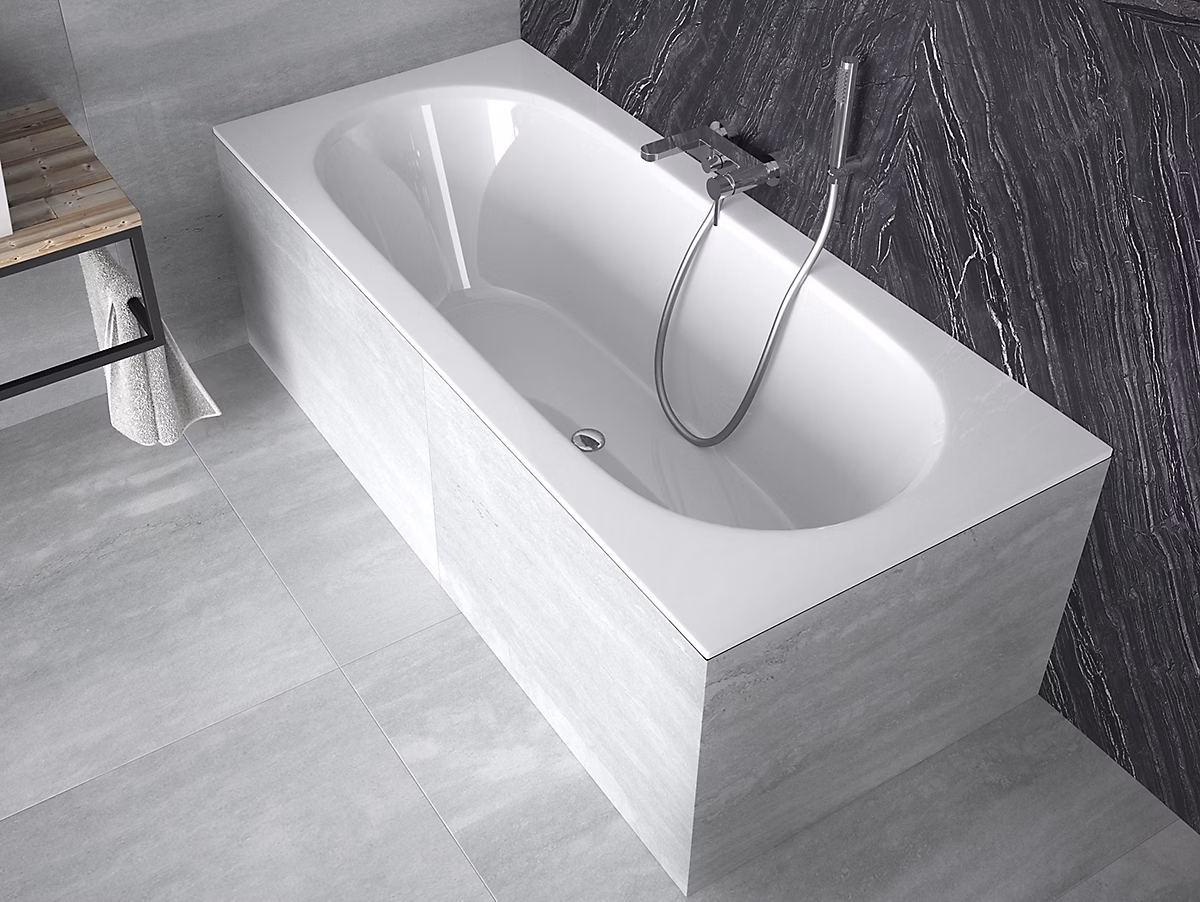 Baignoire rectangulaire 170 × 75 VITAE SLIM acrylique blanc + Habillage en polystyrène (4 cm) + Pieds + Vidage à chromé