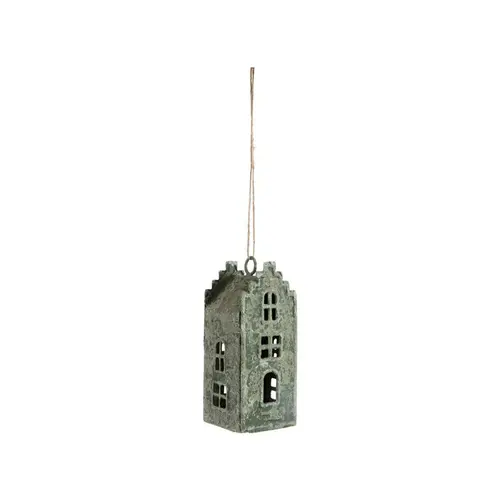 Une solution adaptée au jardin:Décoration à suspendre grande maison en métal vert antique - 4,5 x 4,5 x 11 cm