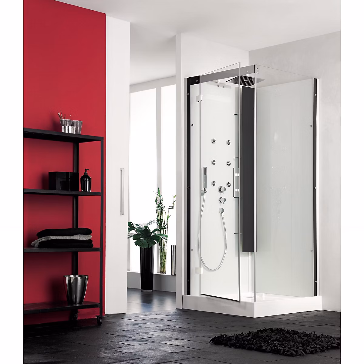 Cabine de douche hydromassante KINEDO HORIZON 90x90 hauteur receveur 12 – 5cm 1 porte pivotante finition perle noire