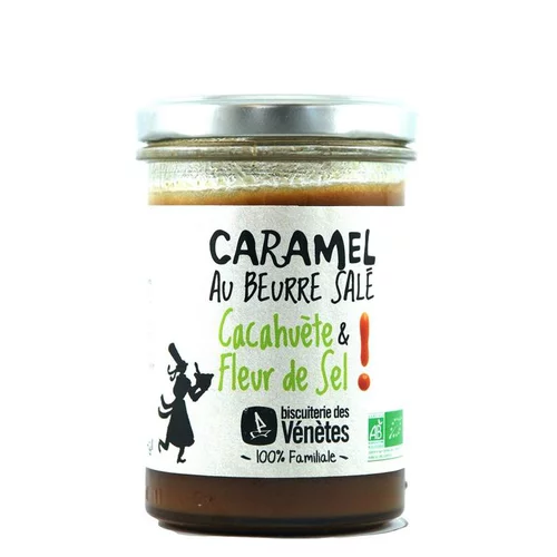 Pour l’extérieur：Crème de caramel cacahuète fleur de sel bio. Le pot de 220 g
