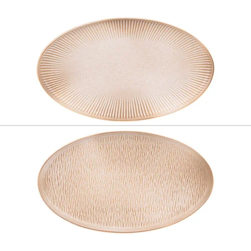 Extérieur équipement：Plat ovale en grès beige Miyaki - 30 x 17 cm (Produit vendu à l'unité, livré aléatoirement parmi 2 modèles assortis)