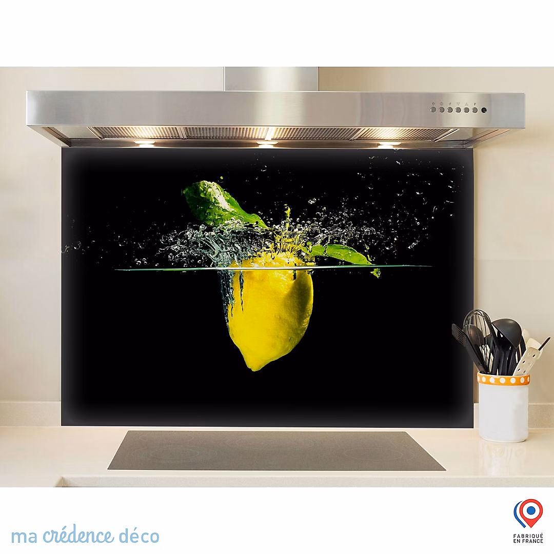 Crédence cuisine fond de hotte Bain de citron – Verre trempé, L 90 cm x H 50 cm, MaCrédenceDéco