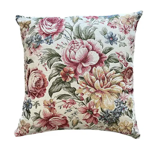 Sélection jardin：Coussin en coton fond blanc décor fleurs roses Alais - 45 x 45 cm