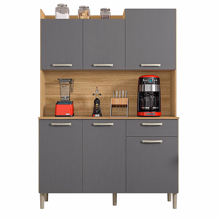 Buffet de Cuisine – GENOVA, Imitation Chêne et Gris, 6 Portes, 1 Tiroir, L 121.5 x H 176 cm