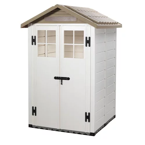 Une solution adaptée au jardin：Abri de jardin en résine beige Foresta Evo - 137 x 144 x 214 cm