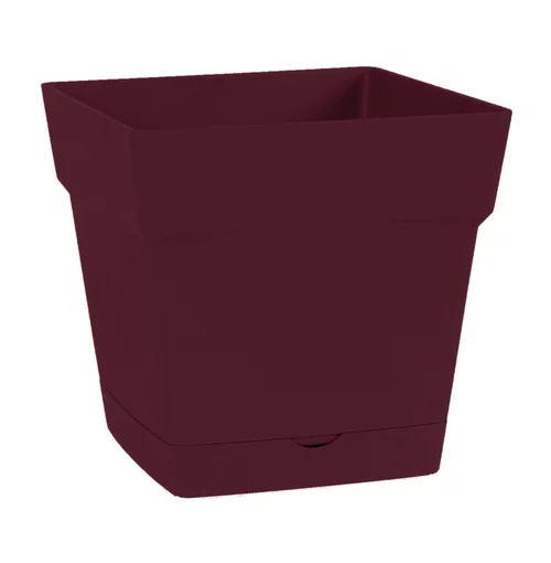 Extérieur tendance：Pot carré en polypropylène rouge Bourgogne avec soucoupe clipsée Eda Toscane 3 L - 17,4 x 17,4 cm