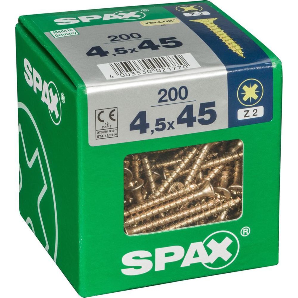 CENTRALE BRICO Lot de 200 vis acier tête fraisée pozidriv SPAX, Diam.4.5 mm x L.45 mm – Matériel de jardin