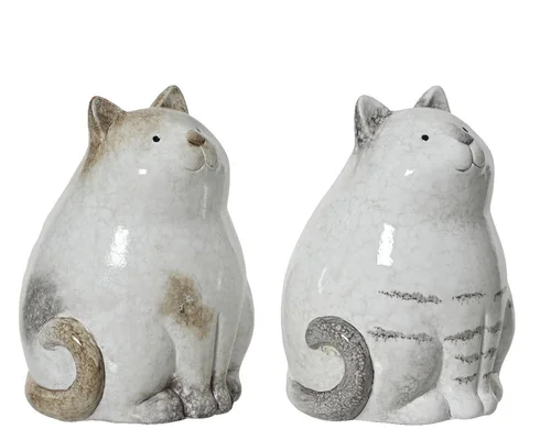 Jardin passion：Chat décoratif en terre cuite blanche - Ø 9 x H 14 cm