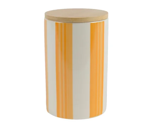 Solution pour le jardin:Bocal de conservation en porcelaine blanc et jaune rayé - Ø 10 x H 15,5 cm