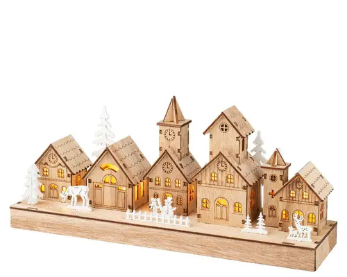 Jardin complet:Village animé lumineux rectangulaire en contreplaqué à 5 LED blanc chaud - 8 x 30 x 13,5 cm