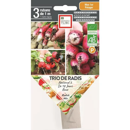 Jardin choix:Graines présemées de trio de radis bio Ernest turc - 3 rubans de 1 m