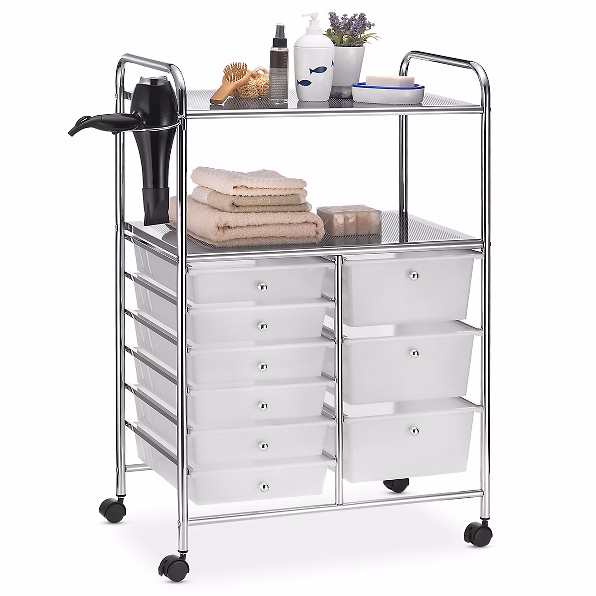 Caisson sur roulettes MARITA – 6 + 3 tiroirs, chromé et blanc
