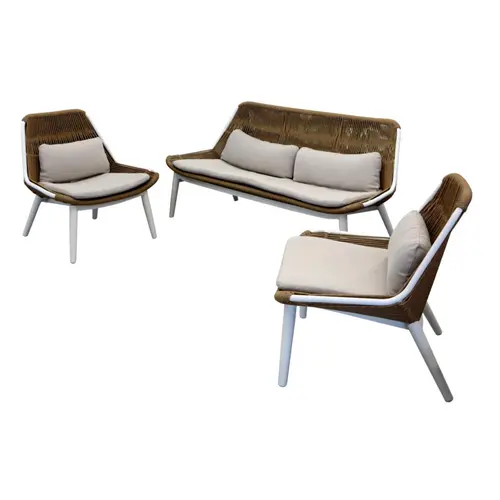 Idée au jardin:Salon de jardin en résine coloris blanc et beige Como - 3 éléments (canapé et deux fauteuils)