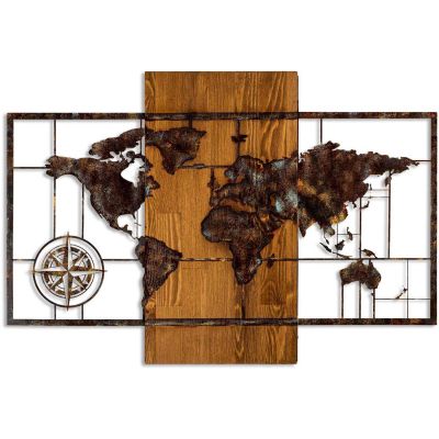 Décoration murale en bois et métal Mappemonde