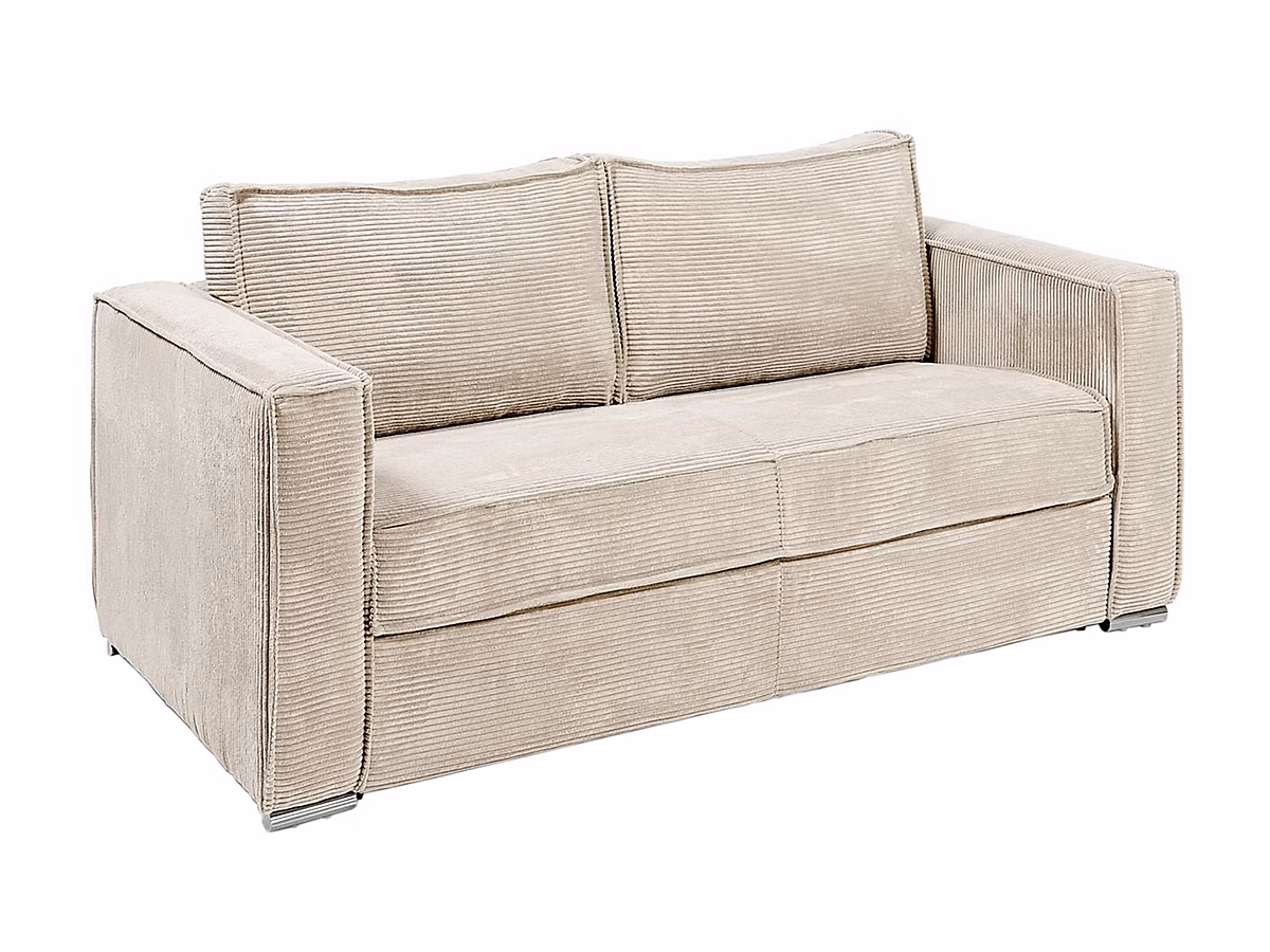 Canapé 3 places convertible express en velours côtelé beige | Couchage 140 cm – Matelas 22 cm avec mémoire de forme LORETO