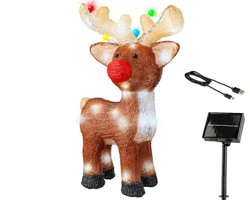 Pour la maison et le jardin：Renne lumineux solaire en acrylique marron à 48 LED blanc froid pour extérieur - 47 cm