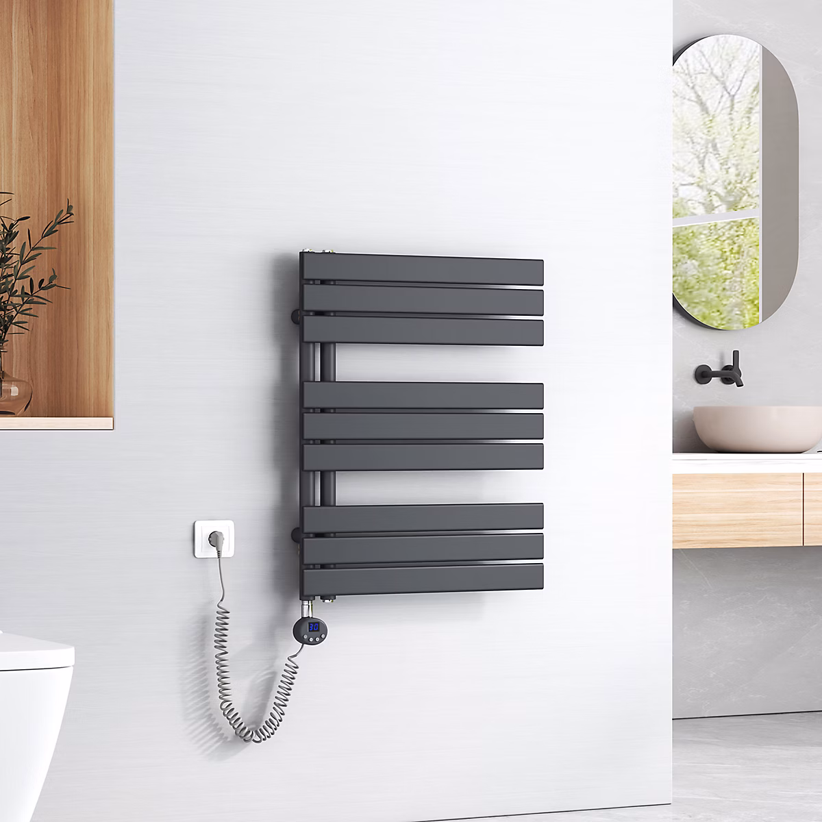 EMKE Sèche | Serviettes Électrique avec élément chauffant thermostat – baguette chauffante minuterie – Anthracite 762 × 600mm 400W