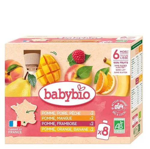 Choix au jardin:Multipack de 8 gourdes de purée de fruits bio parfums variés Babybio - 8 x 90 g