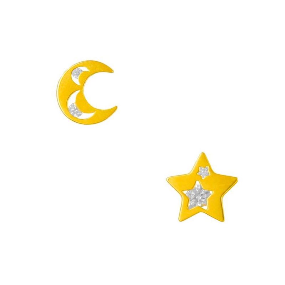 L'ATELIER D'AZUR Boucles d'Oreilles Or Jaune Etoile et Lune Sertis de Zirconiums