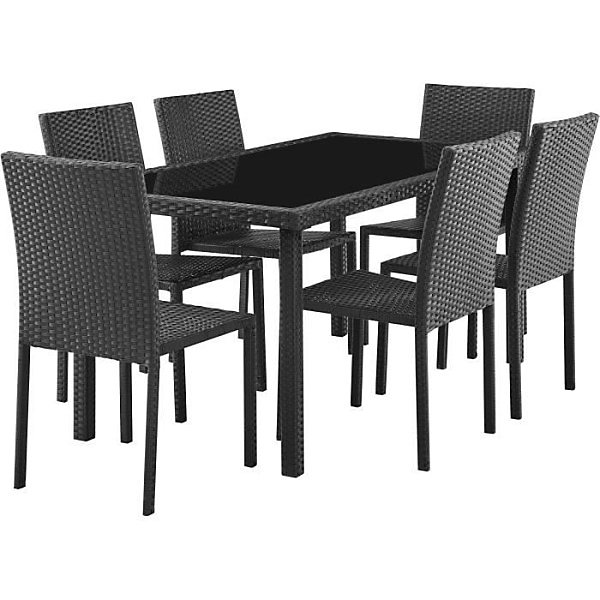 Ensemble repas de jardin | plateau en verre trempé et 6 chaises en résine tressée noir – Table 160 × 80 × 73 cm – Chaise : 44x54x