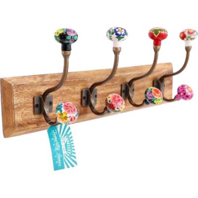 Patère en bois de manguier et fer 4 crochets Batik