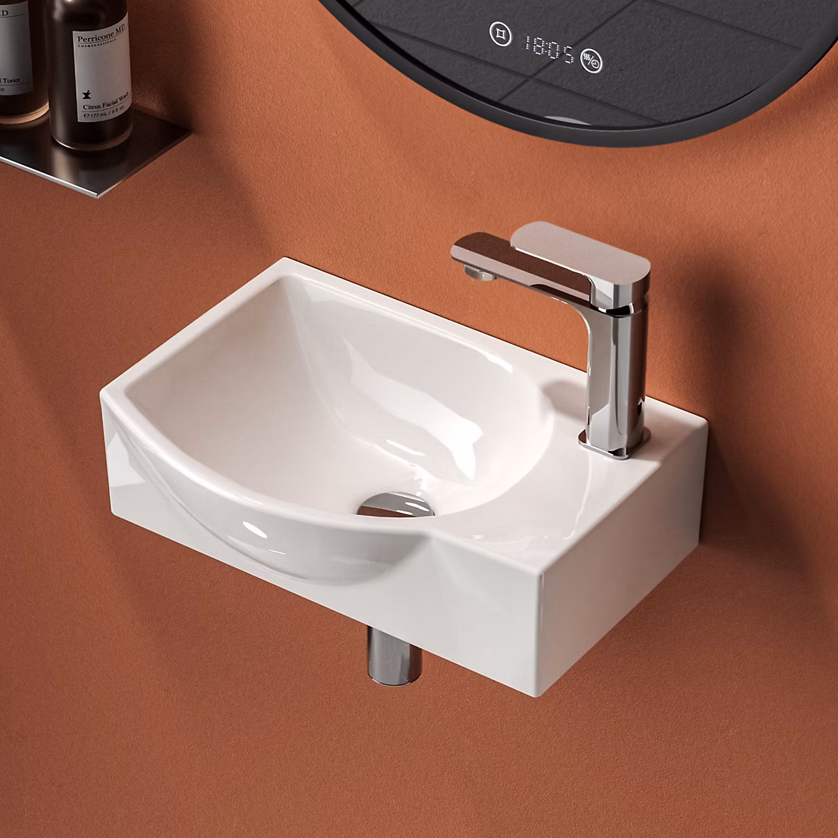 EMKE Lavabo Mural de Salle de Bain 405 × 280 × 140 mm – Vasque Rectangulaire en Céramique | Trou pour Robinet à Gauche | Blanc Brillant