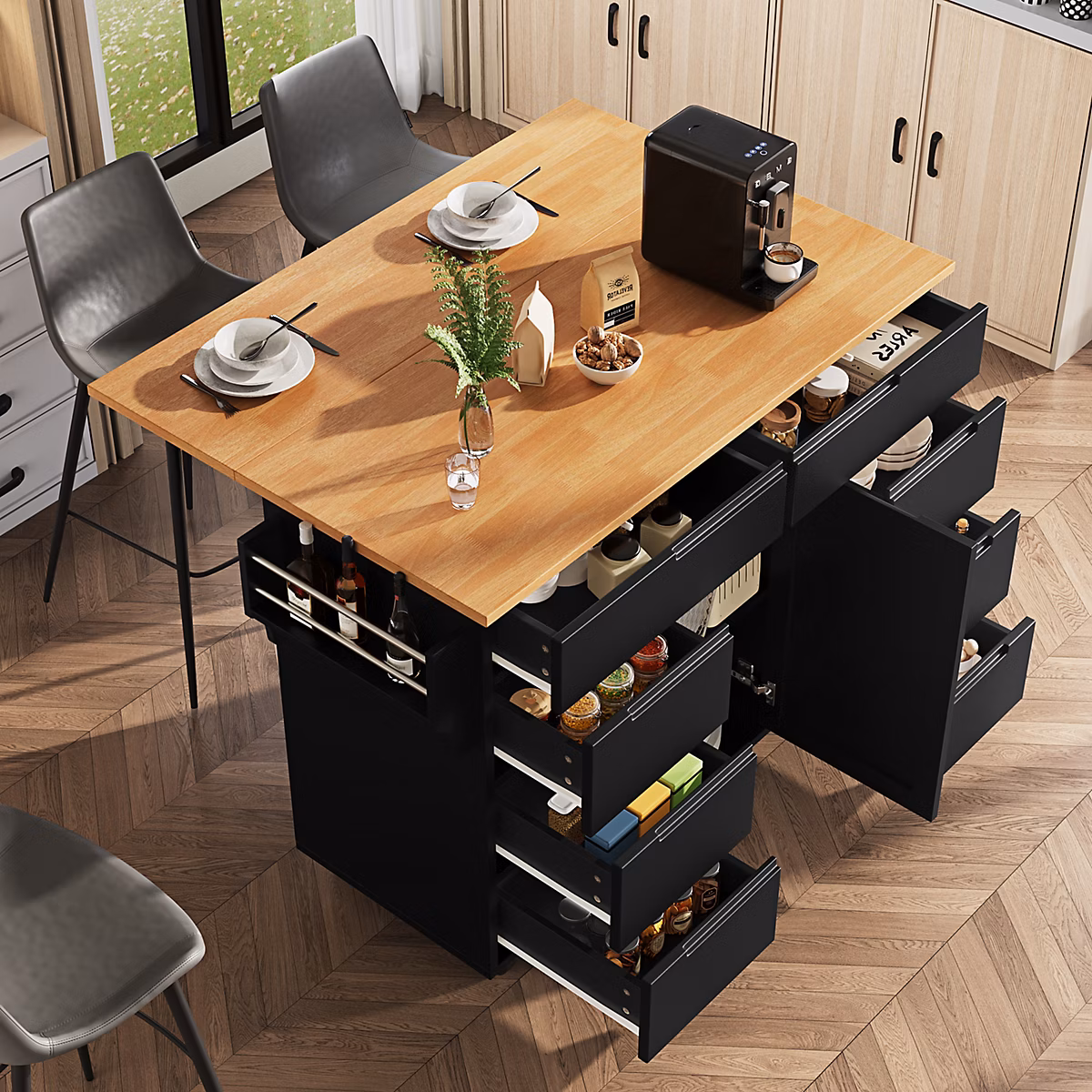 Îlot de cuisine noir en MDF avec plateau rabattable – 8 tiroirs et roulettes
