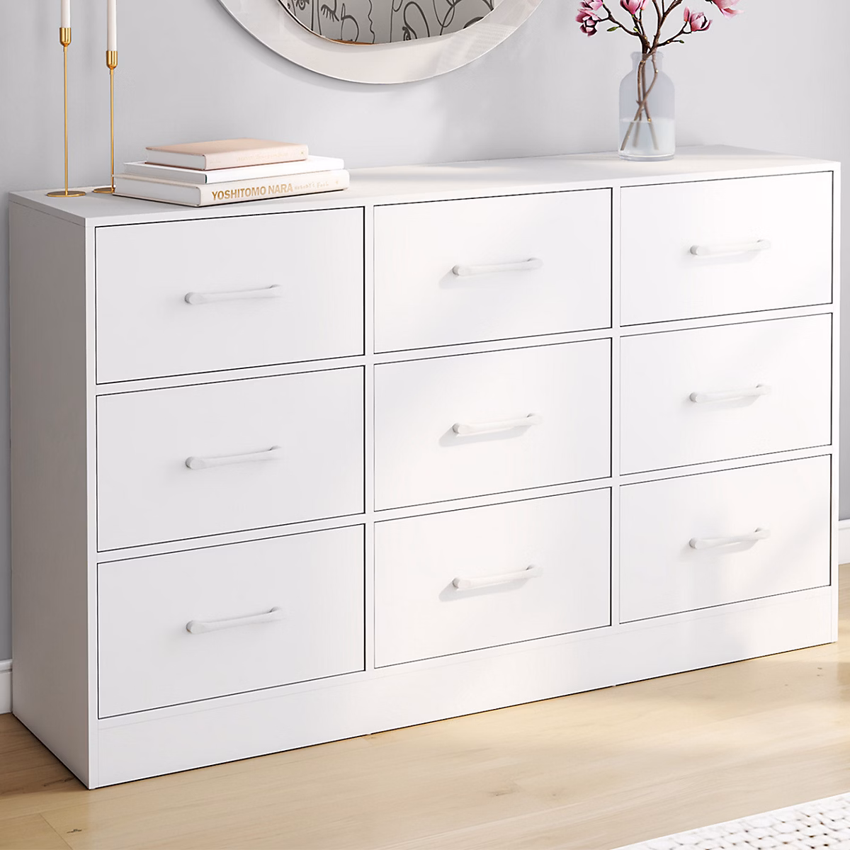 Commode 9 tiroirs en tissu UPPAH 113 cm meuble de rangement bois blanc – Réf. NBWRVOYAA7611984306