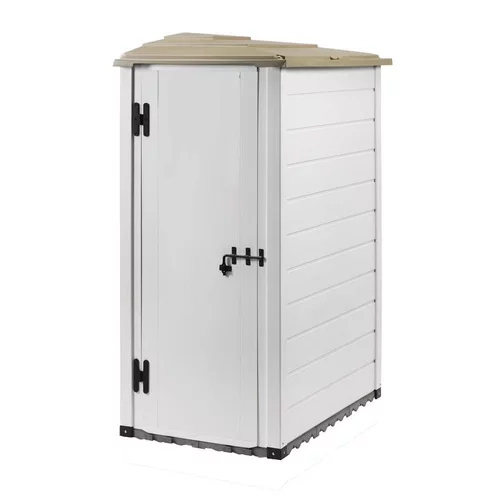 Solution extérieur：Abri de jardin mural latéral réversible en résine beige Foresta Evo - 88 x 132 x 195 cm