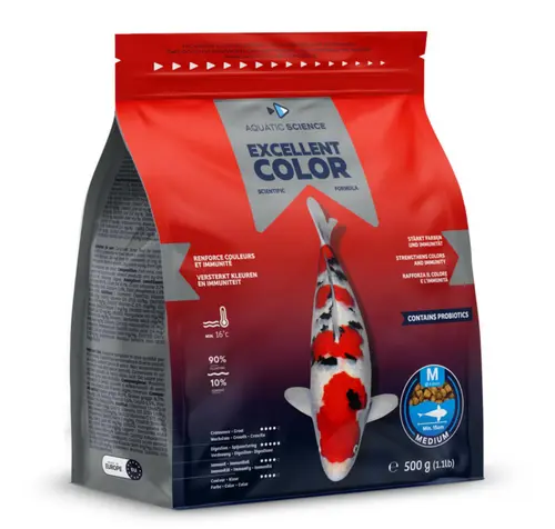 Idéal pour l’extérieur：Nourriture complète premium pour koïs de minimum 15 cm de long Aquatic Science Excellent Color - Taille M sac de 0,5 kg