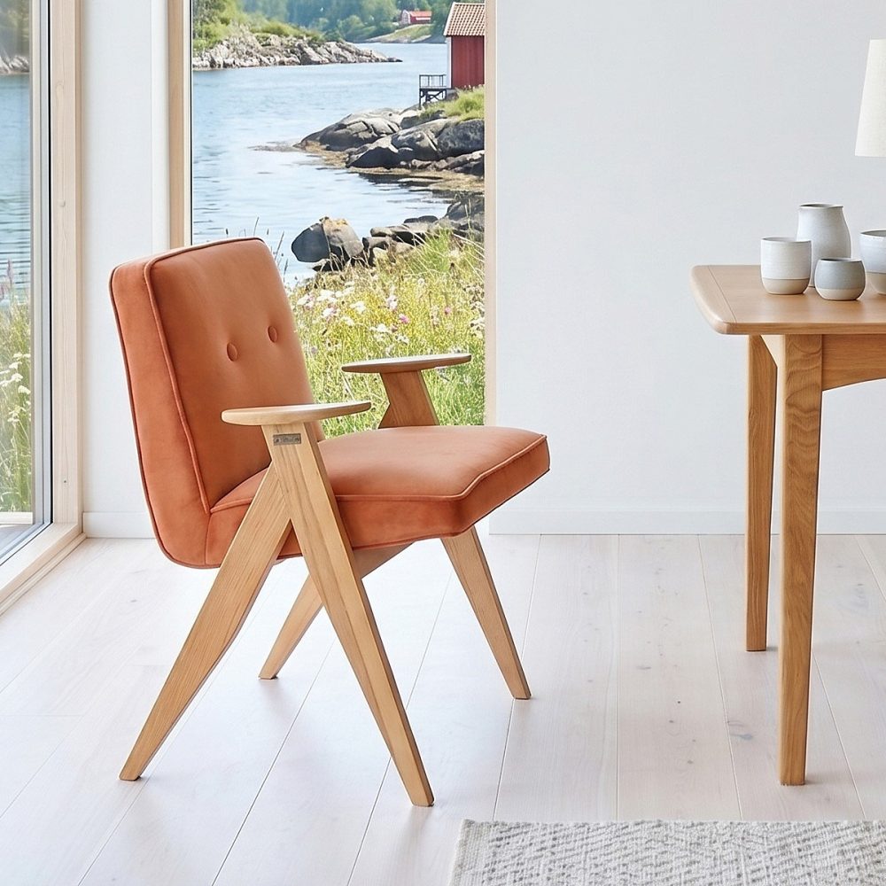 BILLY Fauteuil de style vintage en bois massif et velours de coton – 1 place