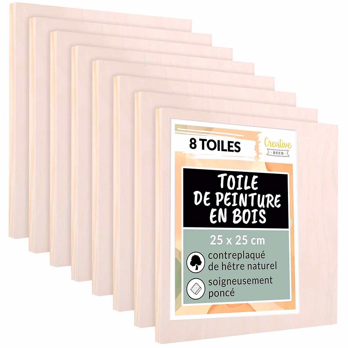 Creative Deco 8 x Toile Peinture en Bois – 25 × 25 cm, Toile a Peindre, Aquarelle, Peinture Acrylique, Planche Bois Brut
