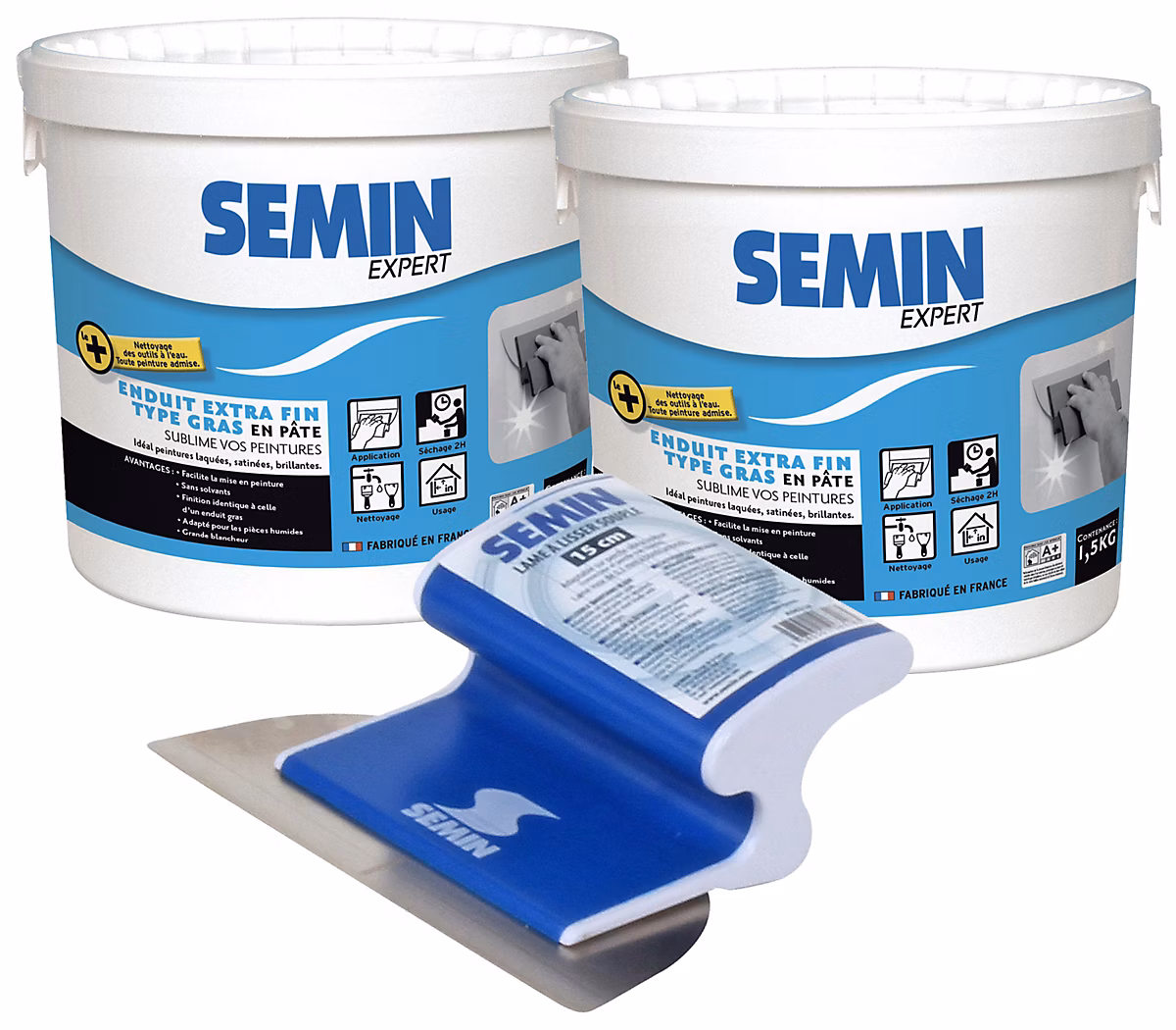 Enduit Extra Fin Semin – Lissage Type Gras, Intérieur, Seau de 1,5 kg (lot de 2) et 1 Lame pour Lisser, 15 cm