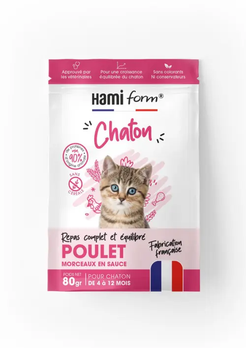 La solution pour vos extérieurs:Alimentation complète pour chaton de 4 à 12 mois poulet HamiForm - pochon de 80 g