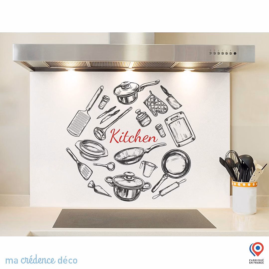 Crédence cuisine fond de hotte Dessin et ustensiles – Alu composite, L 90 cm x H 70 cm, MaCrédenceDéco