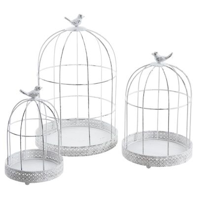 Set de 3 cages décoratives en métal antique blanc