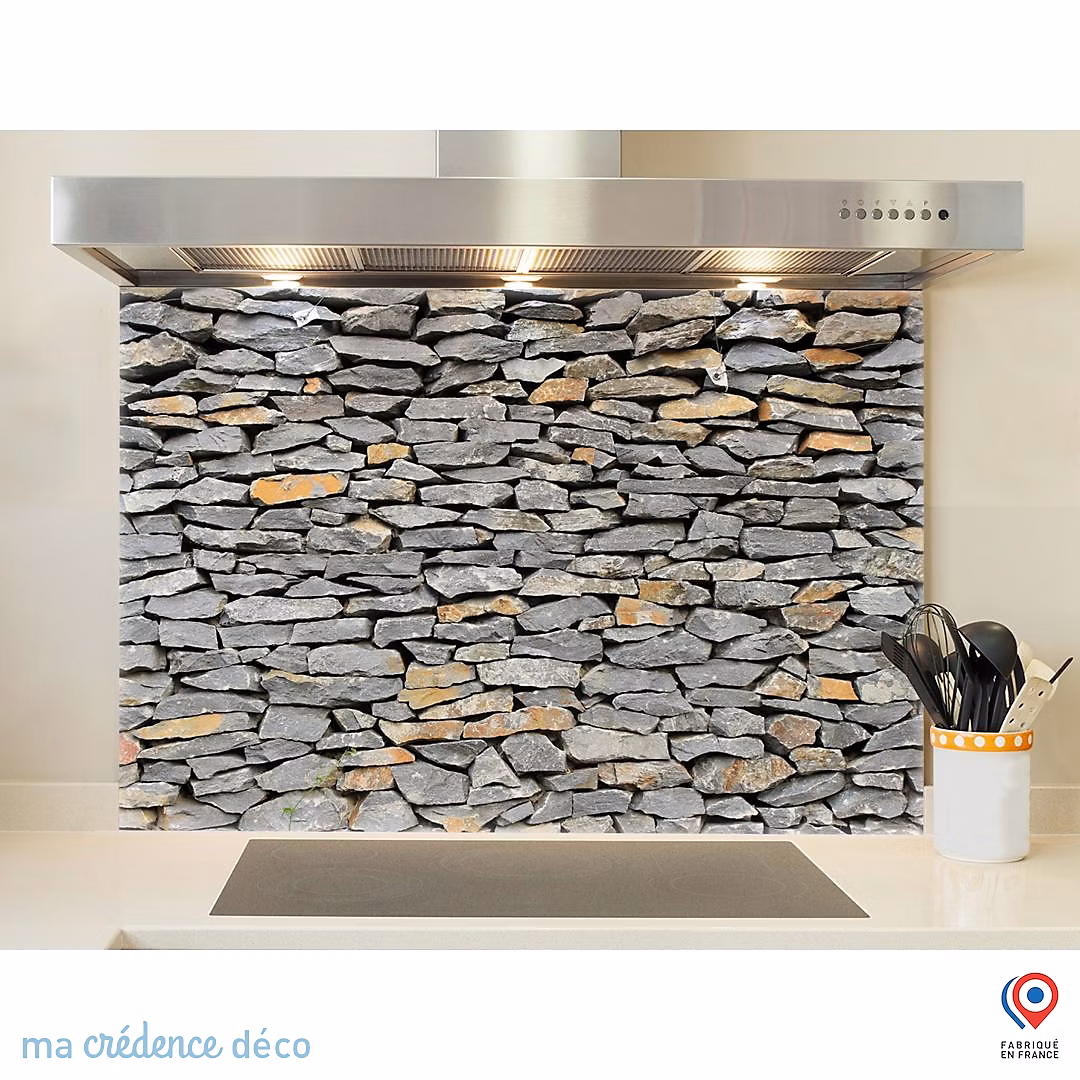 Crédence cuisine fond de hotte Mur de pierres – Verre trempé, L 90 cm x H 70 cm, MaCrédenceDéco